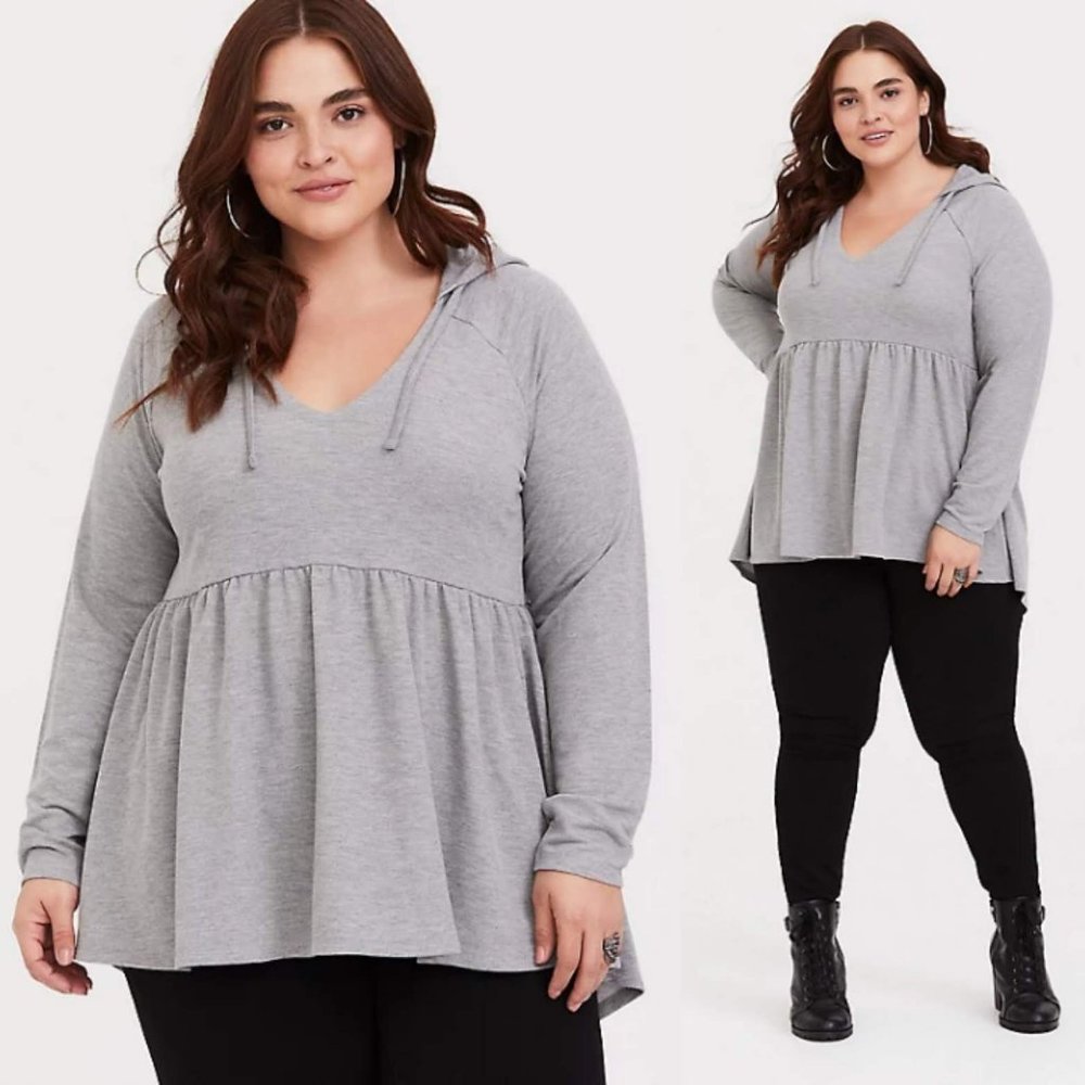 Torrid Grey Swing Tunic Hoodie Top Heathered Babydoll Soft V-Neck Lounge Wear 3X